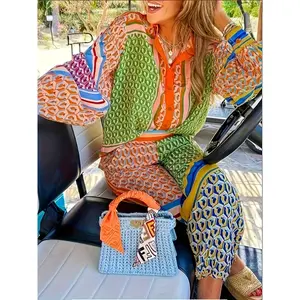 Colorful Unique Printed Lantern Sleeve Button Loose Pants Set