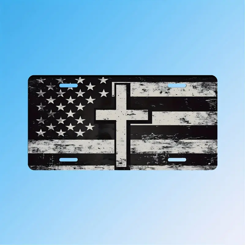 1PC 2D Flat Black and White Cross License Plate Cover and Frame with American Flag Floral Decoration Suitable for Any Standard Front License Plate Cover and Frame Iron Rust-Resistant Decoration 12inch x 6inch