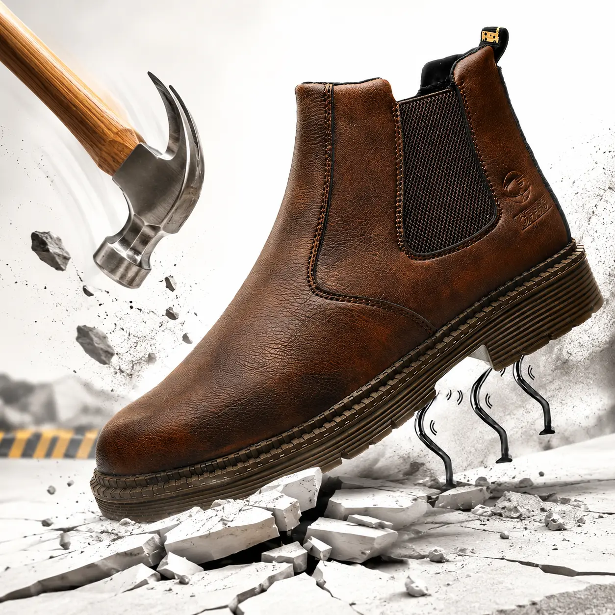 QINGRUIPAI Men's Brown Leather Upper Round Toe Work Shoes - Male All Season Safety Footwear, Breathable, Lightweight, Steel Toe, Protective, Anti-Slip Sole, Chic Look