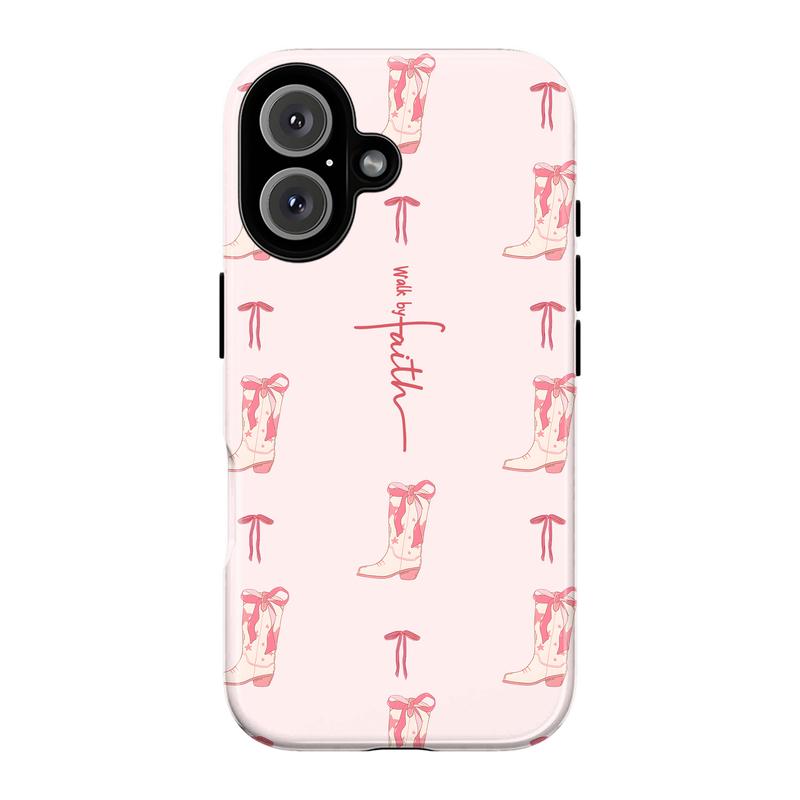 "Walk By Faith" Christian Cowgirl Phone Case Collection – Cute Coquette Pink Bows & Cowboy Boots, Bible Verse Quote, Southern Country Vibe, Faith Art  Cover for iPhone 17 Pro Max 16 15 14 Plus & Samsung Galaxy S25 S24 S23 S22 S21 Ultra