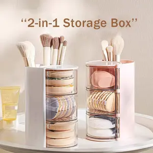 Desktop Rotating Cosmetic Brush Storage 2-in-1 Makeup Organizer Box Rotating Puff Organizer with Dust Cover for Vanity Table Beauty Sponge, Cushion Foundation, Lipstick, and Makeup Brush Storage Rack