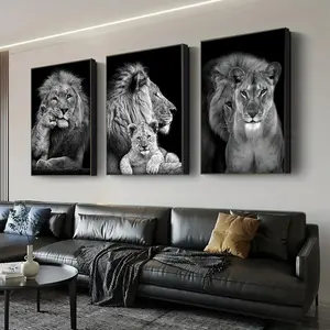 Lion Family Pattern Animal Design Unframed Painting, 3 Counts/set Modern Canvas Wall Art, Wall Decor for Home Living Room Bedroom Office, Ornaments