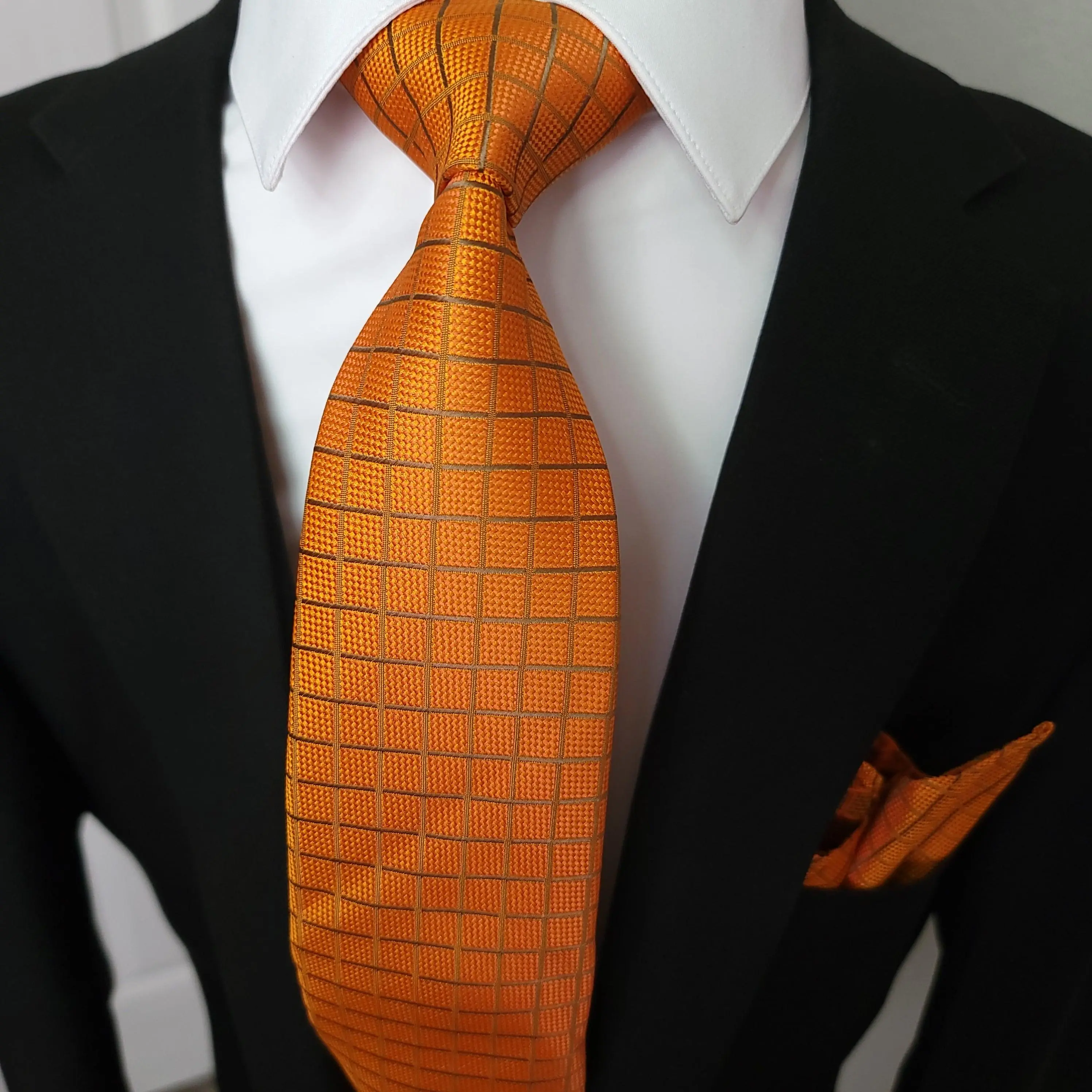 Extra Long Orange Plaid Tie Pocket Square Cufflink Set