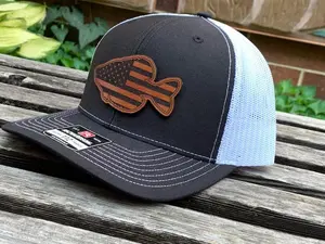 Laser Engraved Crappie Leather Patch Trucker Hat – American Flag & State Silhouette Design, Real Leather Snapback Cap, Gone Fishin Style, Perfect Gift for Anglers & Fishing Lovers