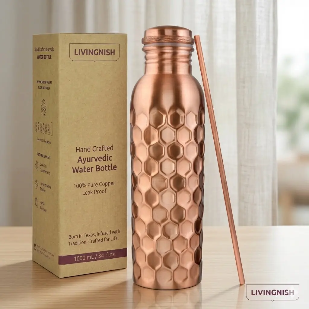 Honeycomb 100% Pure Ayurveda Inspired Copper Water Bottle with Free Straw and Canvas Bag