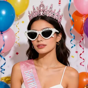 Women Birthday Party Accessories Set, Includes Belt Crown Headband Glasses, Fashionable Sparkling Gift for Birthdays