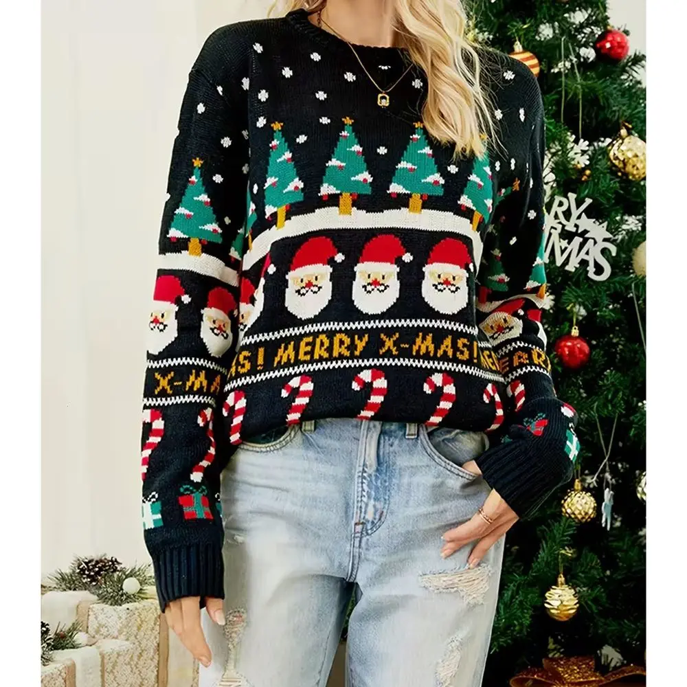 Women's Christmas Graphic Print Pullover Sweater - Festive Snowman & Candy Cane Design, High Elasticity Loose Fit Round Neck Sleeve, All-Season Casual Holiday Sweater for Women, Funny Christmas Sweater, Highelasticity Fabric Knitwear Shirt