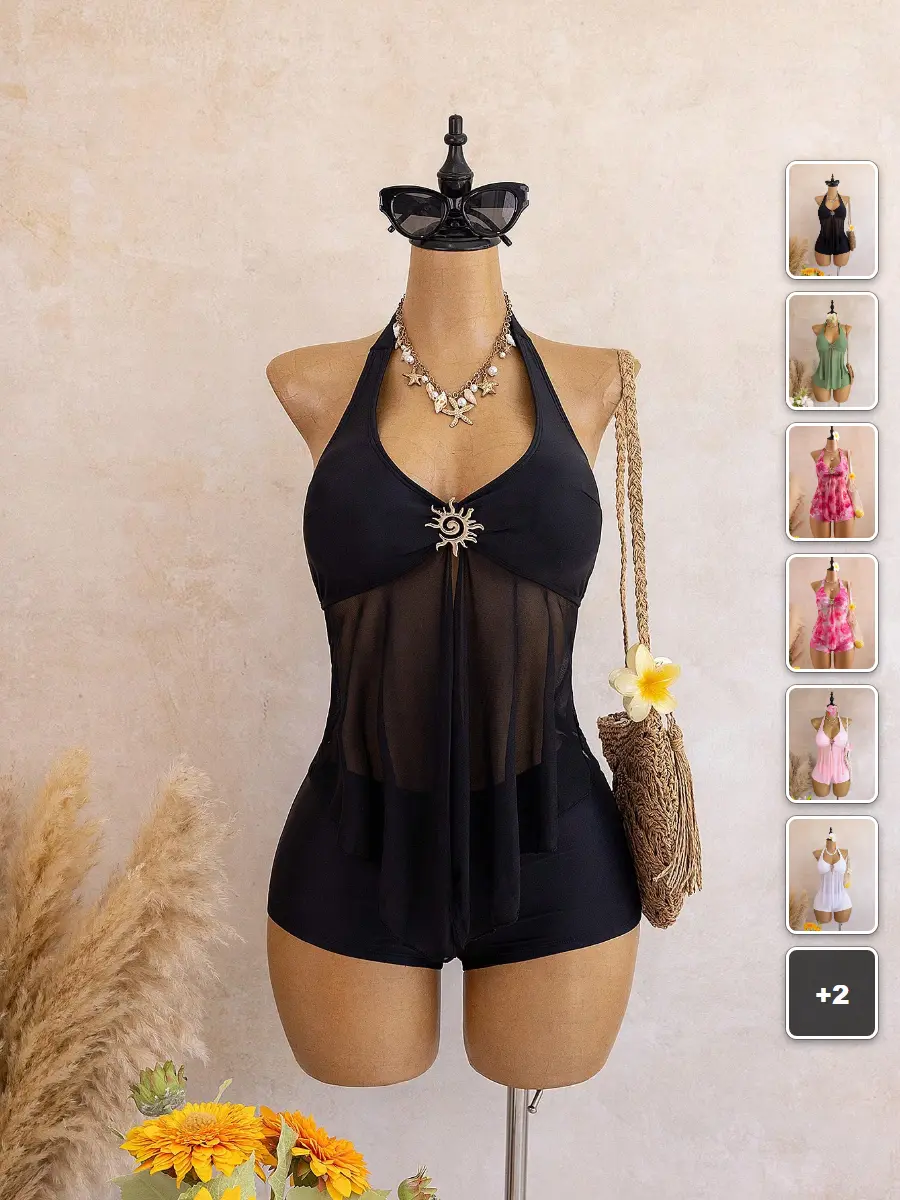 Spaghetti Strap Bikini Top Metal Detail Mesh Splice Beach Vacation Summer Swim