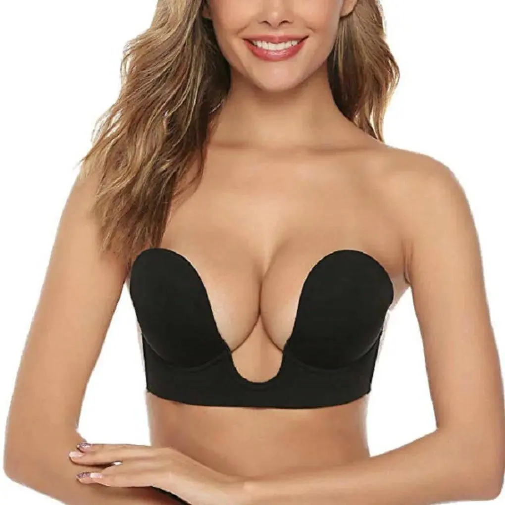 Strapless U Plunge Invisible Adhesive Bra – Reusable Backless Push Up Bra, Self-Adhesive Cleavage Lift NONE balconette Non-Slip