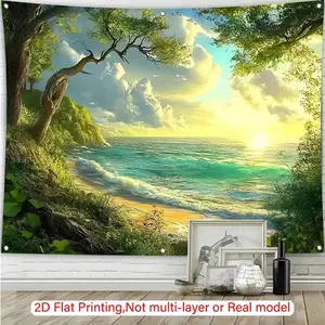1pc Serene Beach Sunset Tapestry - Vibrant Ocean & Tree Scene, Polyester Wall Hanging for Living Room, Bedroom, Studio - Ideal Gift for Weddings, Birthdays, Anniversaries, Beach Theme Decor
