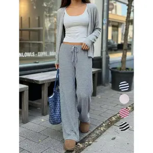 Women’s striped print drawstring waist pants, casual wide-leg trousers for daily wear, ladies bottoms for all seasons, comfortable trousers, casual fashion pants