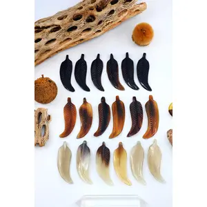 Feathers: Carved Water Buffalo Horn Feather Pendant, 15x56mm, 2 pieces