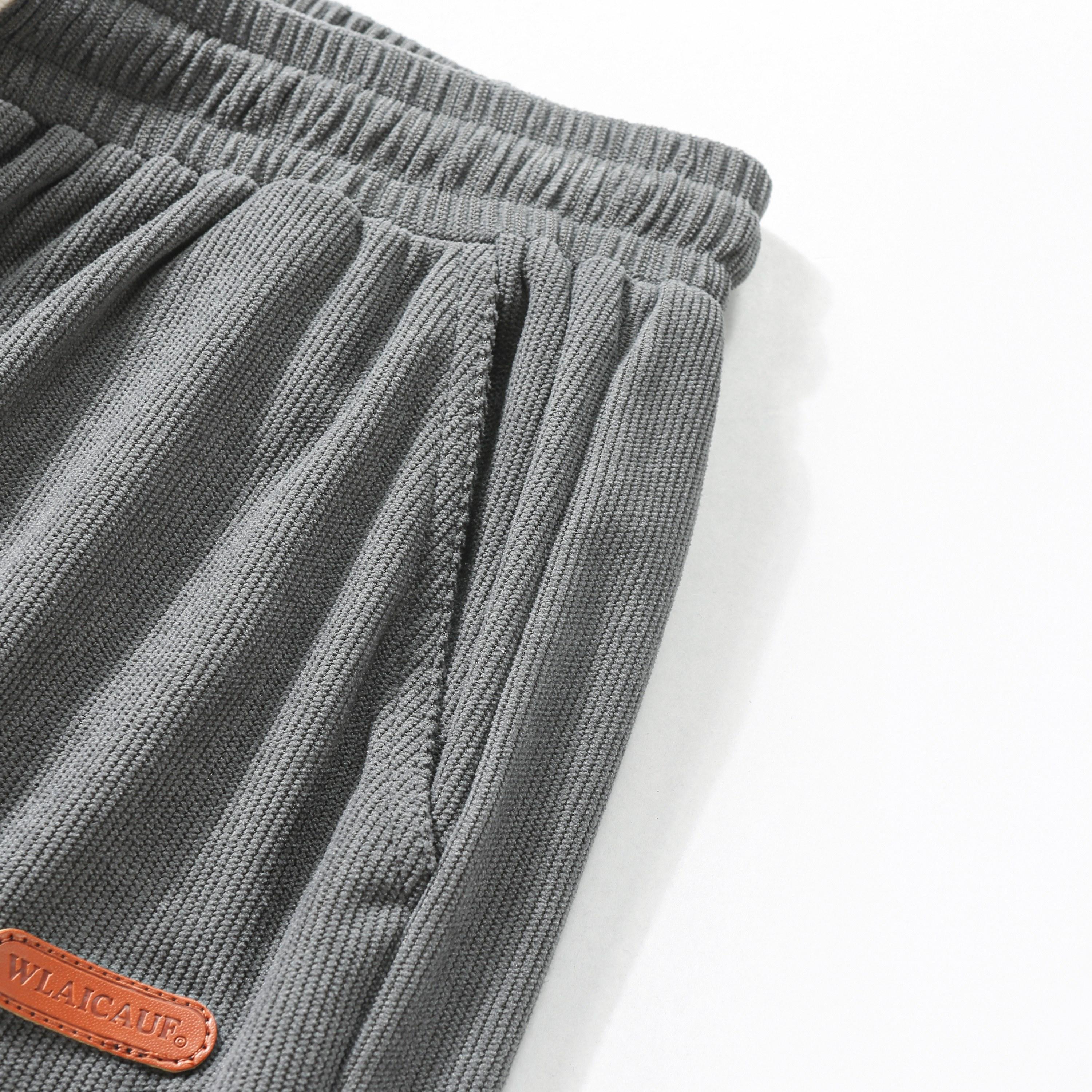 Men's loose straight cool mid-rise stretch drawstring side pocket corduroy casual pants with elastic drawstring waistband - machine wash comfortable suitable for everyday wear