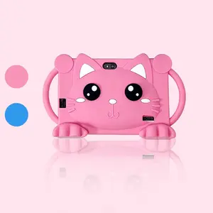 7 Inch Learning Touchscreen Tablet Stand Cat Design, WiFi Android System, Dual Cameras, Eye-Caring HD Screen, Blue Silicone Cases, Ideal for Study and Games
