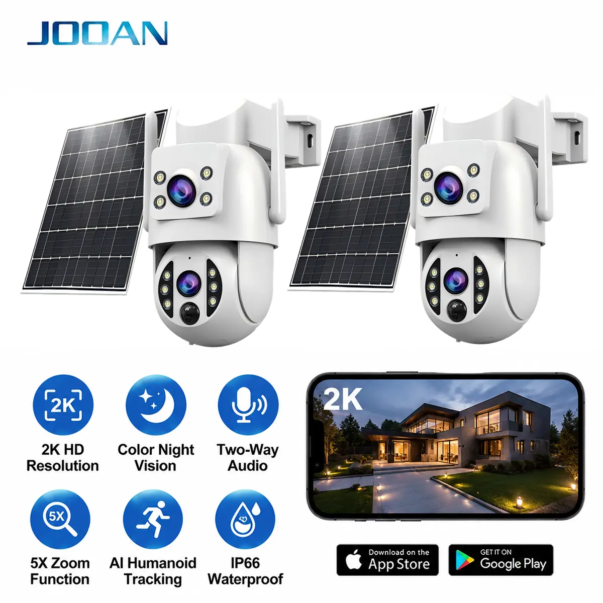 Wireless Solar Wi-Fi Security Camera, Dual Lens 2K HD, PIR Motion Detection, IP66 Waterproof, Color Night Vision, Auto Tracking, Smart Alarm, 2-Way Audio, SD/Cloud Storage (Optional) Monitoring