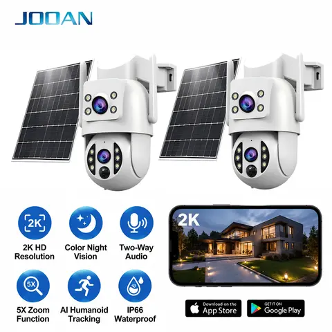 Wireless Solar Wi-Fi Security Camera, Dual Lens 2K HD, PIR Motion Detection, IP66 Waterproof, Color Night Vision, Auto Tracking, Smart Alarm, 2-Way Audio, SD/Cloud Storage (Optional) Monitoring