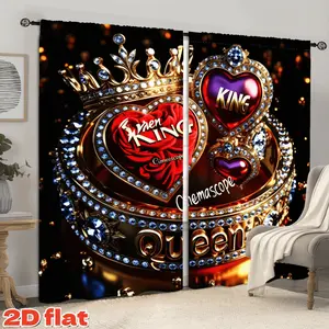 2D Flat 2Pcs King & Queen Crown Heart Diamond Curtains, Elegant Royal Jewel Themed Window Drapery, Semi-Sunshade Privacy Protection for Living Room Bedroom Balcony Kitchen Study Bathroom Decor, Anti Privacy.
