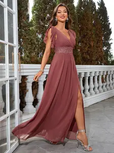 Elegant V-Neck Chiffon Lace Embroidery Maxi Dress, High Slit Evening Gown, Waist Cinching Fitted Party Dress, Bridesmaid Formal Wear