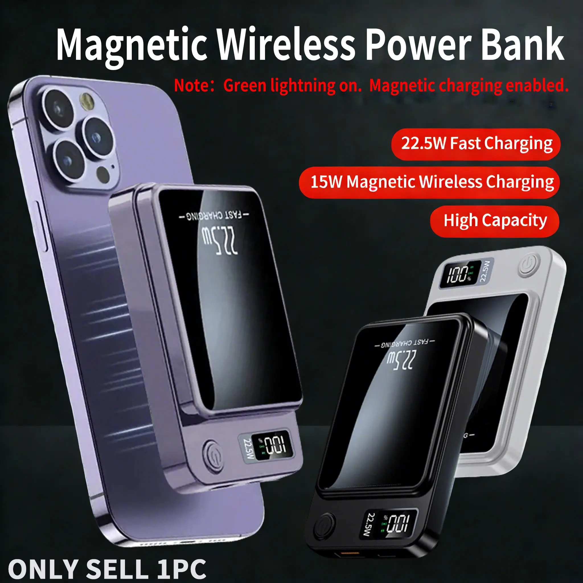 Magnetic Wireless Charging Power Bank, Smart Mobile Power, High capacity, 5000/10000mAh Portable, outdoor travel, commuting, Holiday gifts, Compatible with iPhone 12-16 Series, 22.5W(USB)/PD20W(Type-C)/15W(Magnetic) Charging, polymer lithium-ion battery