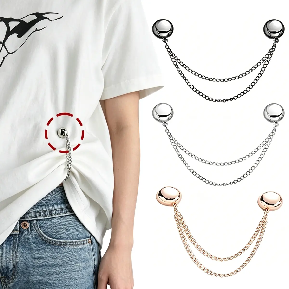 6pcs Magnetic Clothing Clips with Chain, Multi-Function Magnet Button Pins Hijab Cuff Clips for Fixing Hem of Clothes Long Pants Legs Sleeves of Shirts