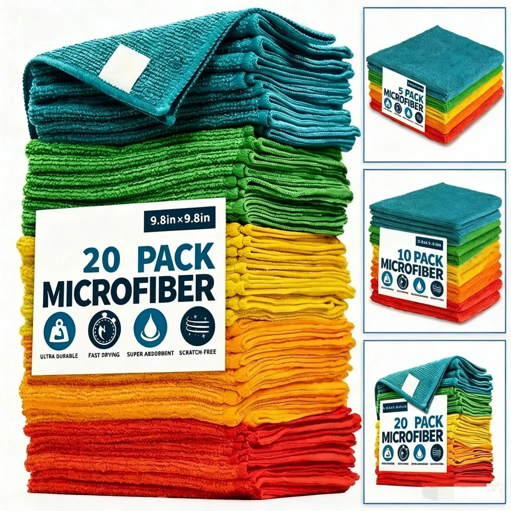 Super Absorbent, Quick-Drying Microfiber Multipurpose Cleaning Cloths – Assorted Colors – 5/10/20 Pack | Size: 9.84 x 9.84 Inches | Scratch-Free Cleaning Towels | Ideal for Kitchen & Bathroom Cleaning | Durable & Vibrant Colors
