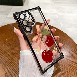 Compatible with S26 Ultra/S25/S24/S23/S22 Phone Case Red cherry bow transparent four corner anti drop and shockproof phone case ZSsd5-9