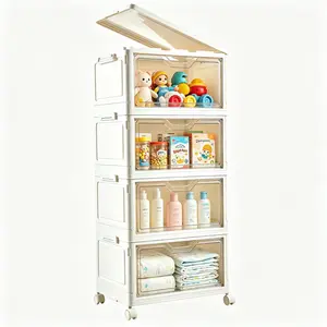 Portable Clear Storage Bins with Lid & Wheels, 24QT Clear Storage Bins with Lid, 4-Tier Plastic Bins with Wheels, Stackable, Magnetic Doors, for Bedroom, Living Room, Office