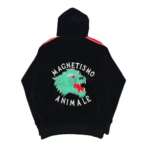 Gucci Tiger Applique Velvet Hooded Sweatshirt Black Red