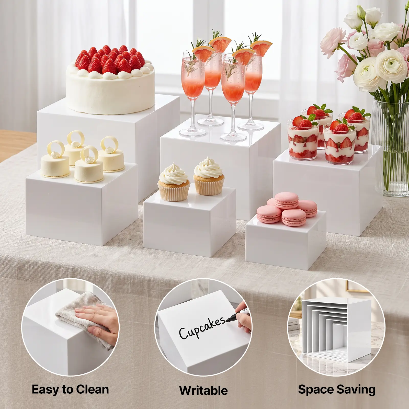 5-10in Full 6 Sizes LOVEWE Oversized Acrylic Buffet Risers, Nesting Hollow Cube Display Boxes, 2-in-1 Dessert Stand & Storage Organizer