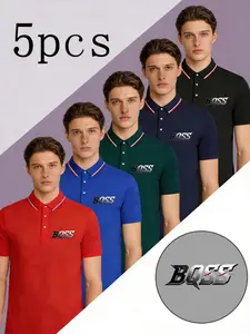 Men's Polo Shirt Set, Bqss Letter Print, Casual Modern Style, Breathable Daily Wear, Golf Shirt, Multiple Colors, All Seasons