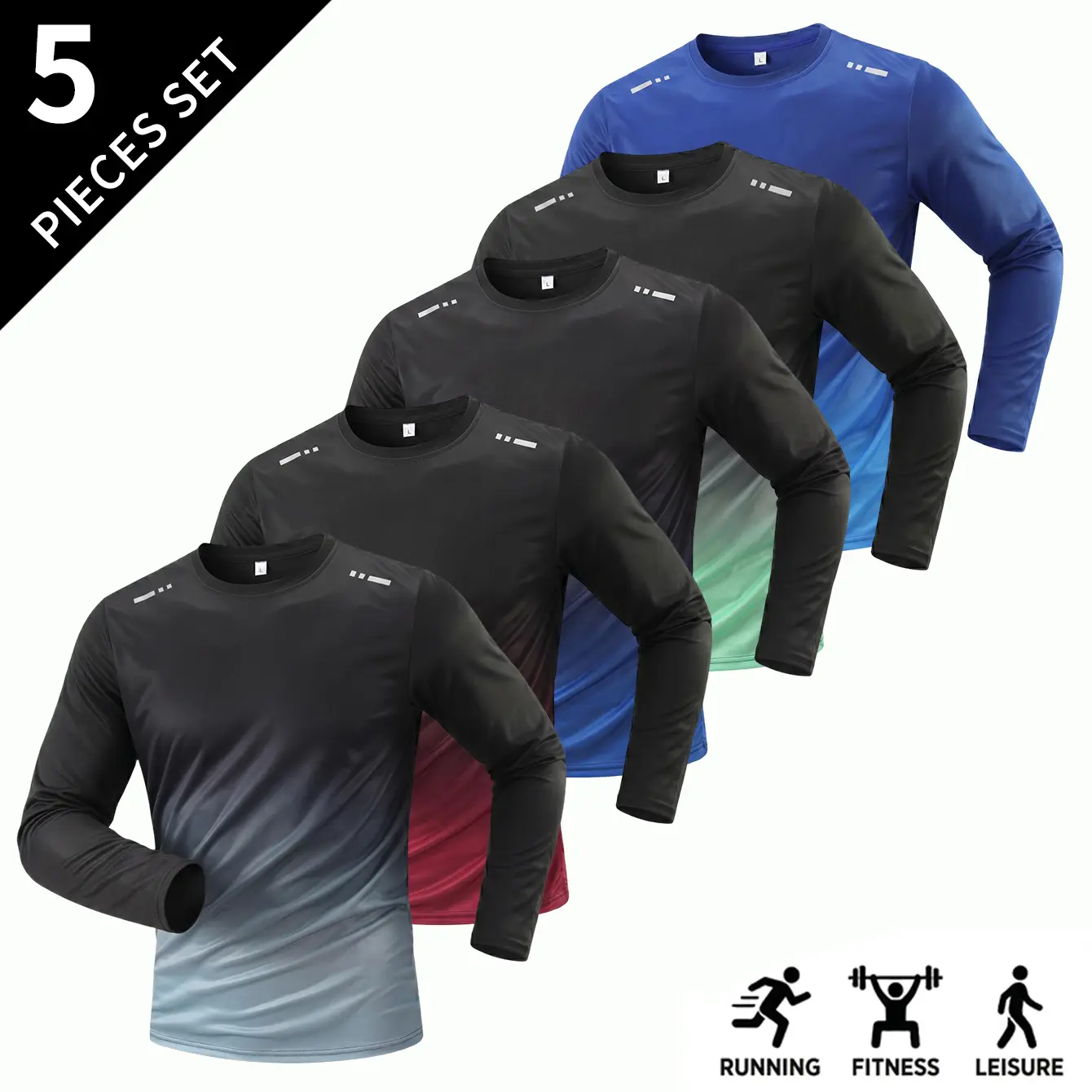 Men’s reflective long-sleeve running top, cool-touch quick-dry fabric, gradient design, two-way wear for fitness and commuting