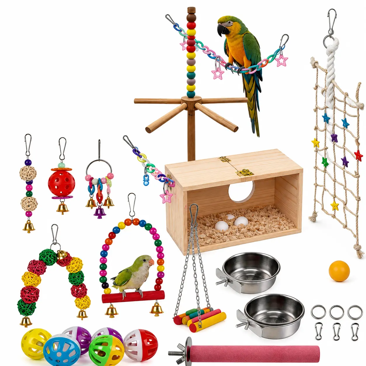 18-Piece Bird Accessory Set - Small Bird Cage Starter Kit for Budgies, Conures with Birdhouse, Perches, Feeding Bowls, Interactive Toy, Easy to Install for Stimulating Play & Boredom Reduction, Reduce Boredom