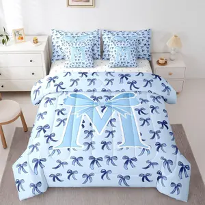 Letter Initial M Bedding Set with Bow Design | Cute Blue Bow 7 Pieces Comforter Set with Sheets for Kids Teen Girl Coquette Bow Bed in a Bag Girly Cute Bows Bed Sets