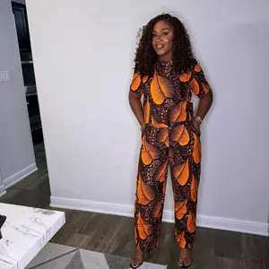 Ankara Two Piece Set - Crop Top and Pants with Bold Orange and Brown Leaf Pattern for Stylish Outfits