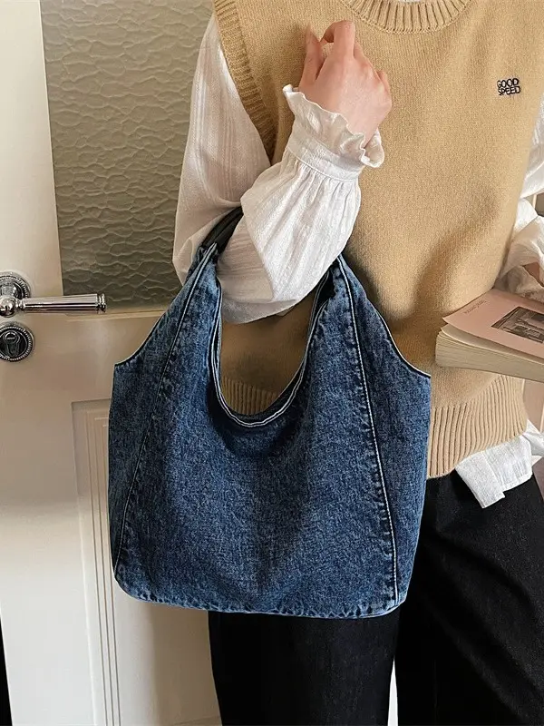 Women's Vintage Washed Denim Hobo Tote Bag - High-Capacity Plain PU Leather Purse with Padded Smooth Handle, Casual Soft Shoulder Handbag for School Commute, Top Handle, Minimalist Outfits, Slouchy Silhouette, Zipper