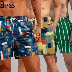 Mens 3 Count Printed Swim Trunks Ensemble with Unique Pattern Options Like Retro Palm Tree Collage Modern Abstract Patchwork and Clean Vertical Stripes Smooth Quick-Drying Fabric for All-Day Comfort