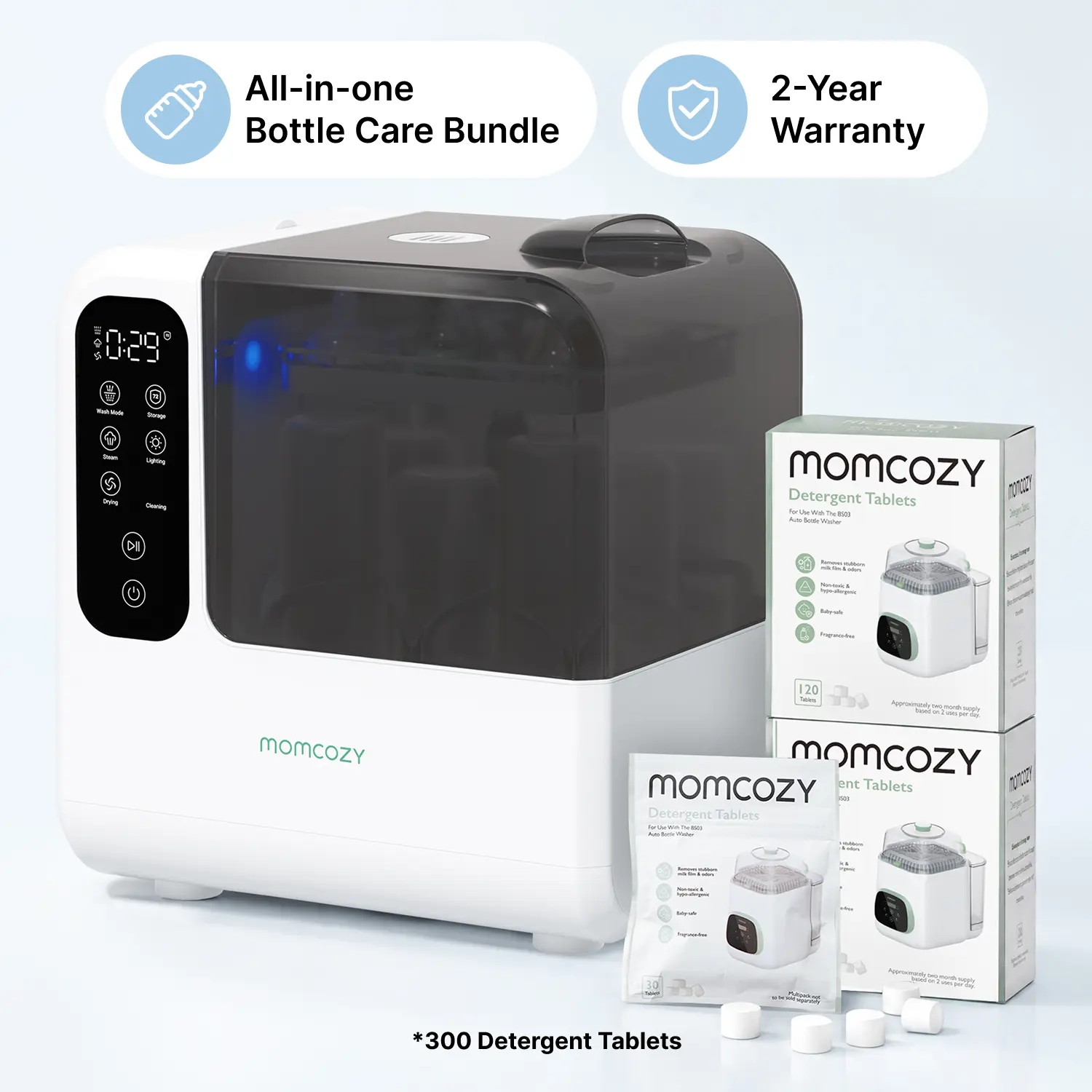 Momcozy DeepClean D8 Bottle Washer, Sterilizer & Dryer - with 300 Detergent Tablets, Precision Cleaning | 8 Bottles Capacity, Rotary Jets for Hard-to-Reach Pump Parts, TargetWash Tech for Complex Feeding Accessories, Self-Clean
