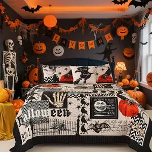 Halloween Quilt Set  Size Bedspread with Pillow Shams Festival Themed Bedding Sets Pumpkin  Coverlet 4 count (104"x90")