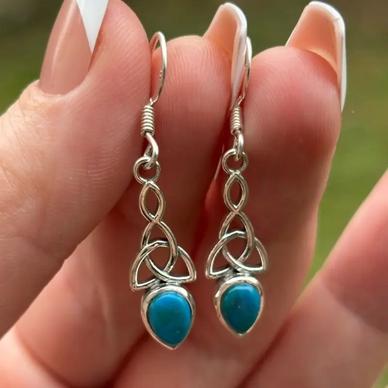 Sterling Silver Chilean Blue Opal Celtic Trinity Knot Dangle Earrings