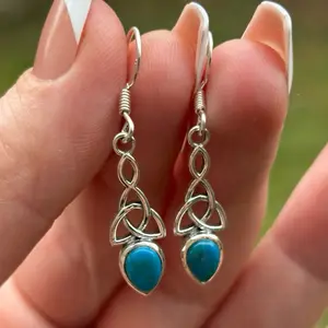 Sterling Silver Chilean Blue Opal Celtic Trinity Knot Dangle Earrings