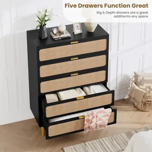 Rattan 5 Drawer Dressers for Bedroom, Tall Dresser with Deep Drawers, Large Chest of Drawers for Closet with Wide Top, Long Wooden Dresser for Living Room, Hallway, Kids Room