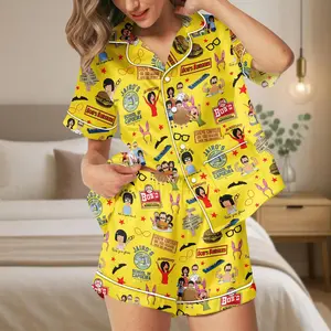 Animated Burger Cartoon Satin Pajama Set Women, Funny Character Sleepwear, Short Sleeve Loungewear, Bright Color Cozy Nightwear Gift Idea