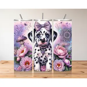 Adorable Dalmatian Puppy Tumbler - Customizable Floral Fantasy Drinkware