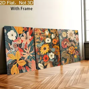 2D flat painting, 3-piece set of wooden frame canvas wall art, Bohemian vintage style floral prints, wooden frame, warm-colored multi-colored plant decoration (orange, red, yellow, white, blue, green) - living room home decoration (wall decoration)