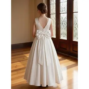 Trendy Girls' Elegant Sleeveless Backless V-Neck Dress with Bowknot Floral, Princess Dress for Weddings, Parties, Birthdays, And Communion for Girls