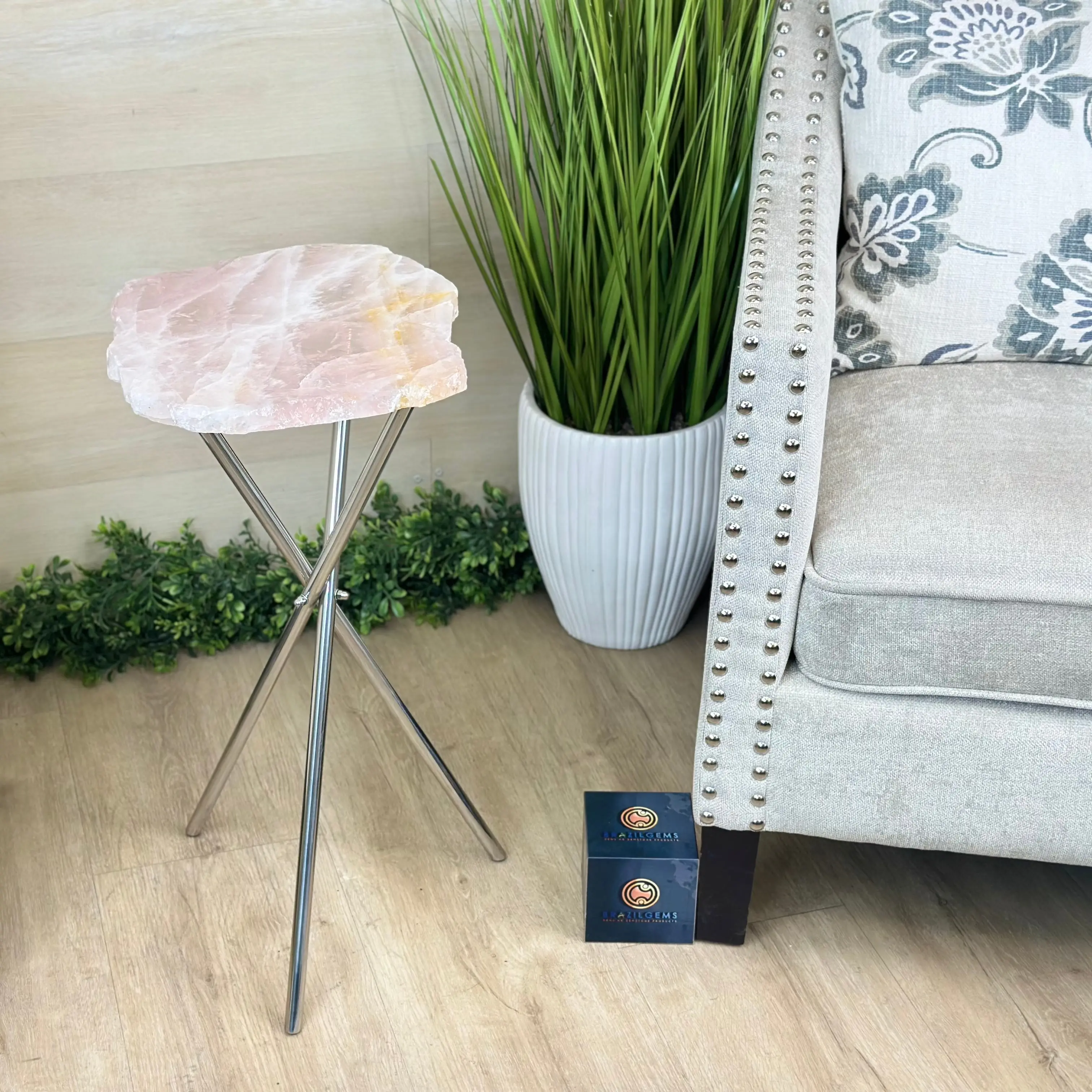 Natural Rose Quartz Side Table on Chrome Metal Base, 24.5" Tall #1341RQ-003