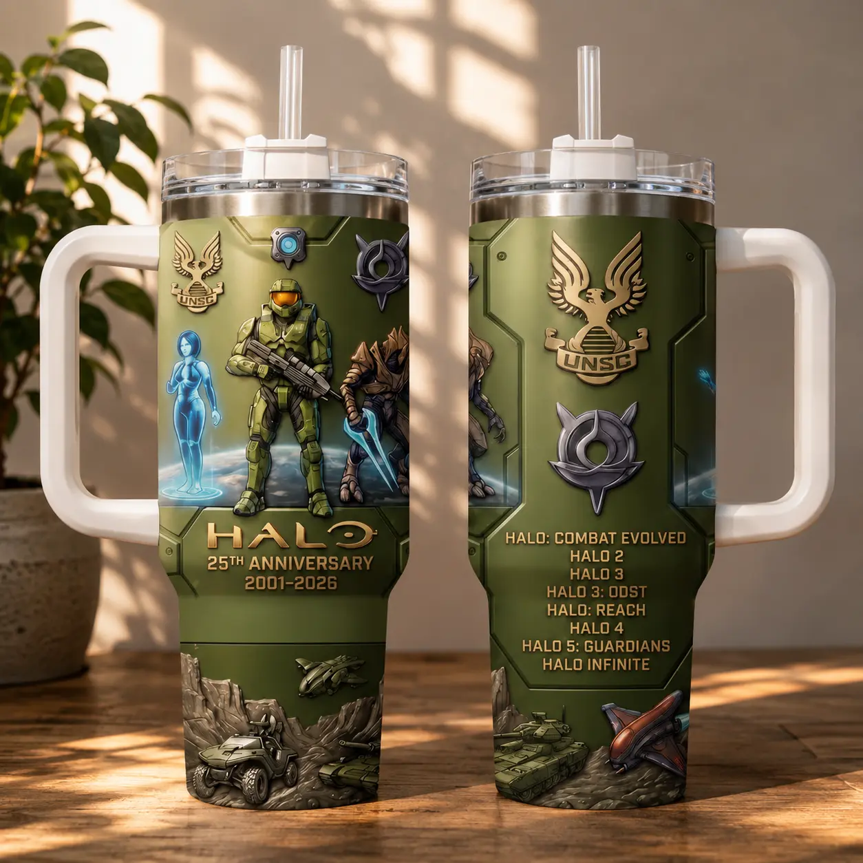 Halo 25th Anniversary 40oz Tumbler with Handle, Master Chief Inspired Stainless Steel Travel Mug, Sci-Fi Gaming Coffee Cup, Gamer Gift