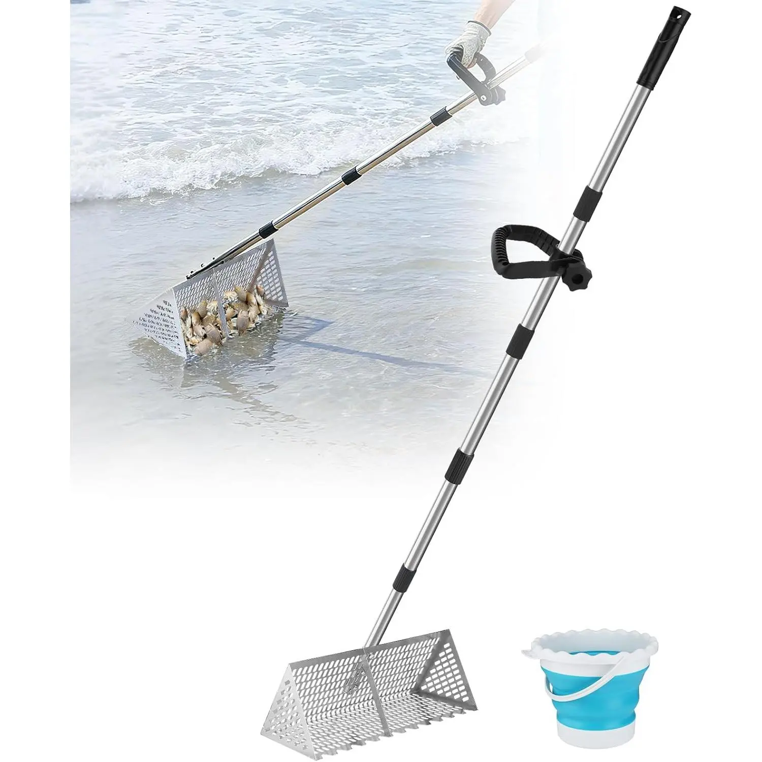 Metal Sand Flea Rake with Bucket, Long-Handle Tooth Sifter Beach Tool for Shelling, Tools & Hardware Organization