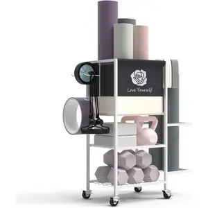 Home Gym Workout Equipment Storage Rack on Wheels for Yoga Mat,Yoga Block,Foam Roller,Resistance Band,Dumbbell,Kettlebell and Other Workout Accessories