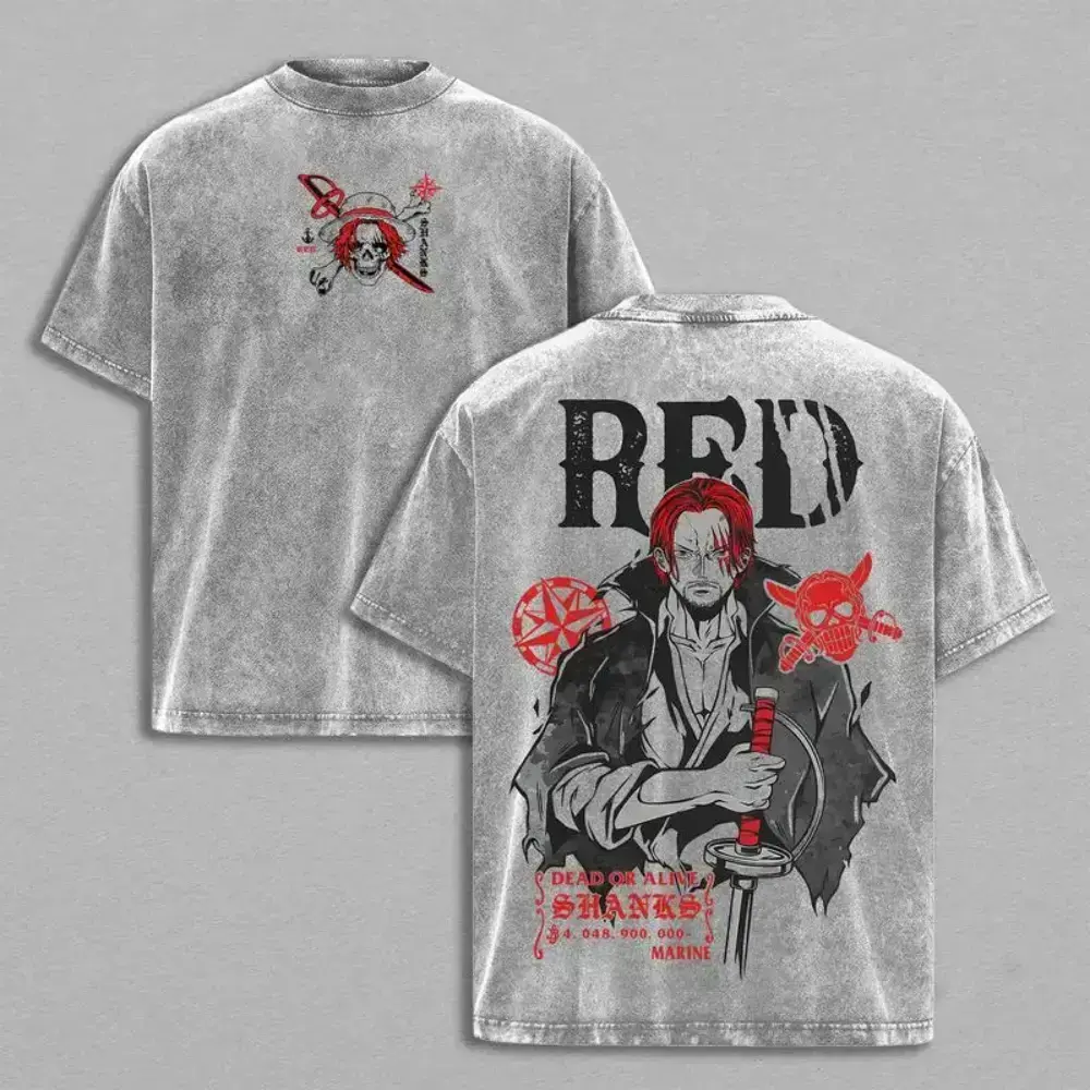 Menswear Limited Shanks Red 1 Piece Vintage Unisex Oversized Acid Washed Cotton Tshirt - Y2K Double Printed Anime Graphic Streetwear Top, Gift for Anime Fans Manga Game Movie Lover Merch Menswear Tshirt Round Neck Crewneck Menswear Tshirt